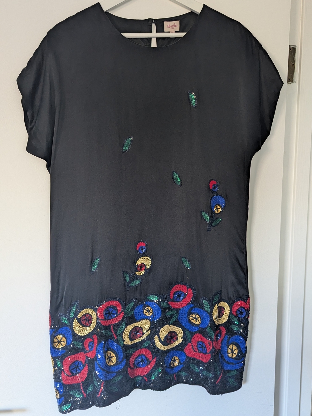 Black Silk Sequin Floral Short Sleeve Dress